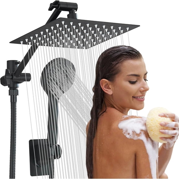 Zovajonia Matte Black 10 inch Rainfall Shower Head with Hand Spray Combo Includes Adjustable Arm and 59-Inch Hose