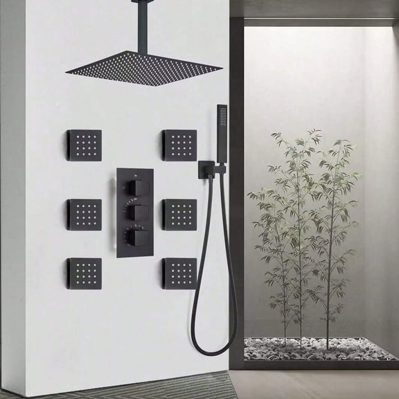 Zovajonia Matte Black 8" Ceiling Mount Rain Shower Set with 6 Body Spray Jets Rainfall Shower Head and Handheld Sprayer Rough-in Valve & Trim