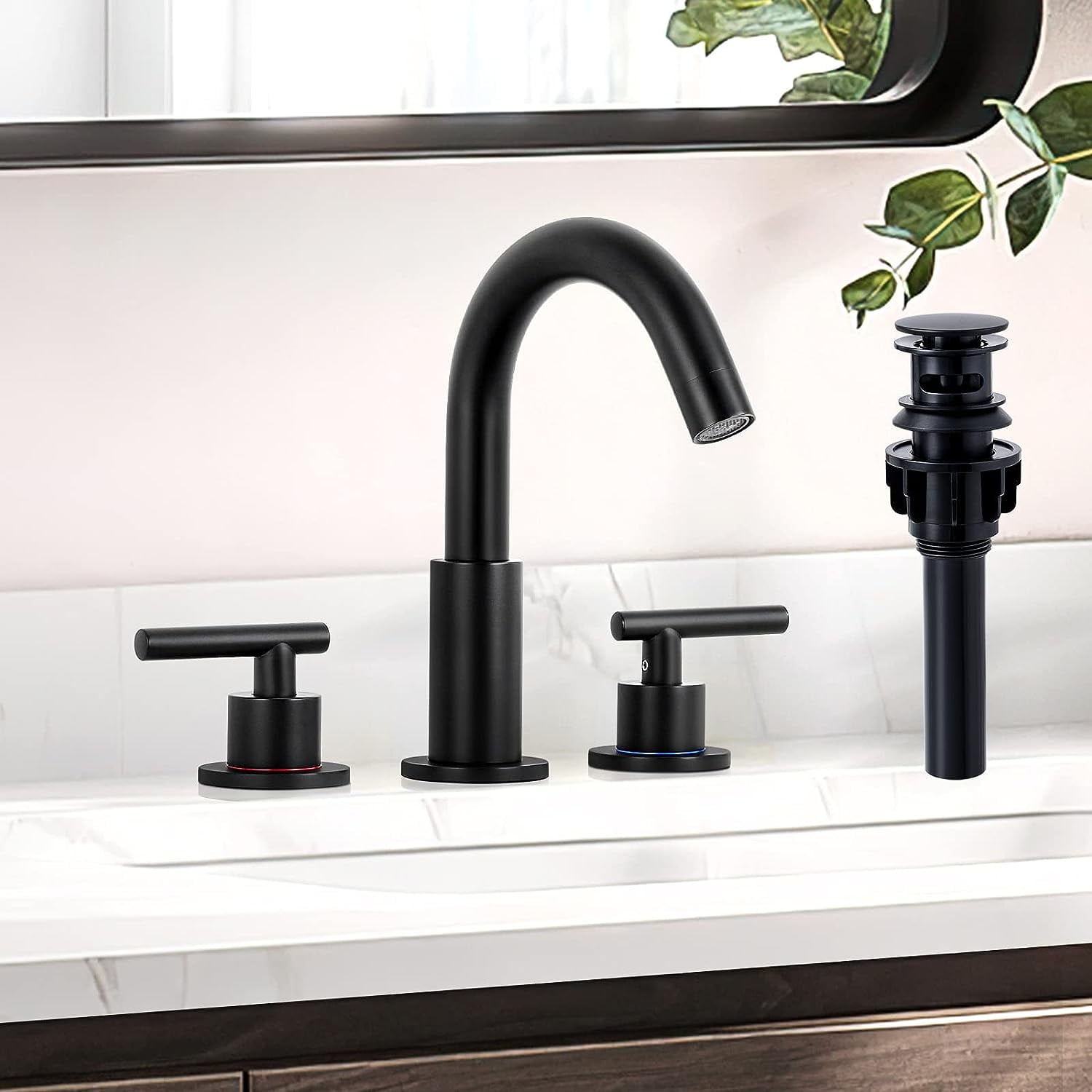 Zovajonia Matte Black Bathroom Faucet 3 Pieces with Metal Drain Assembly
