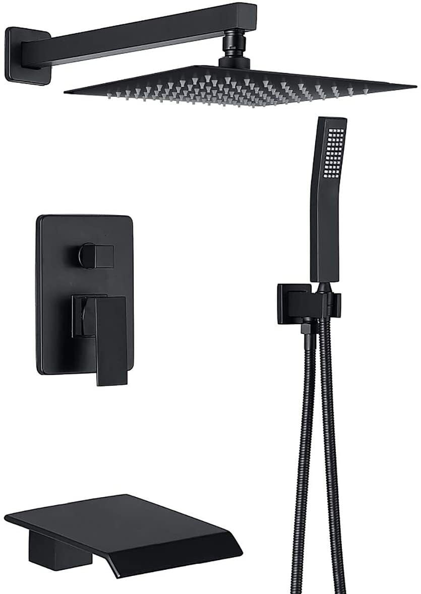 Zovajonia Matte Black Shower System 12 Inches Shower Faucet Set, Rain Shower Head with Handheld Spray Bathroom Wall Mount Shower Fixtures with Tub Spout