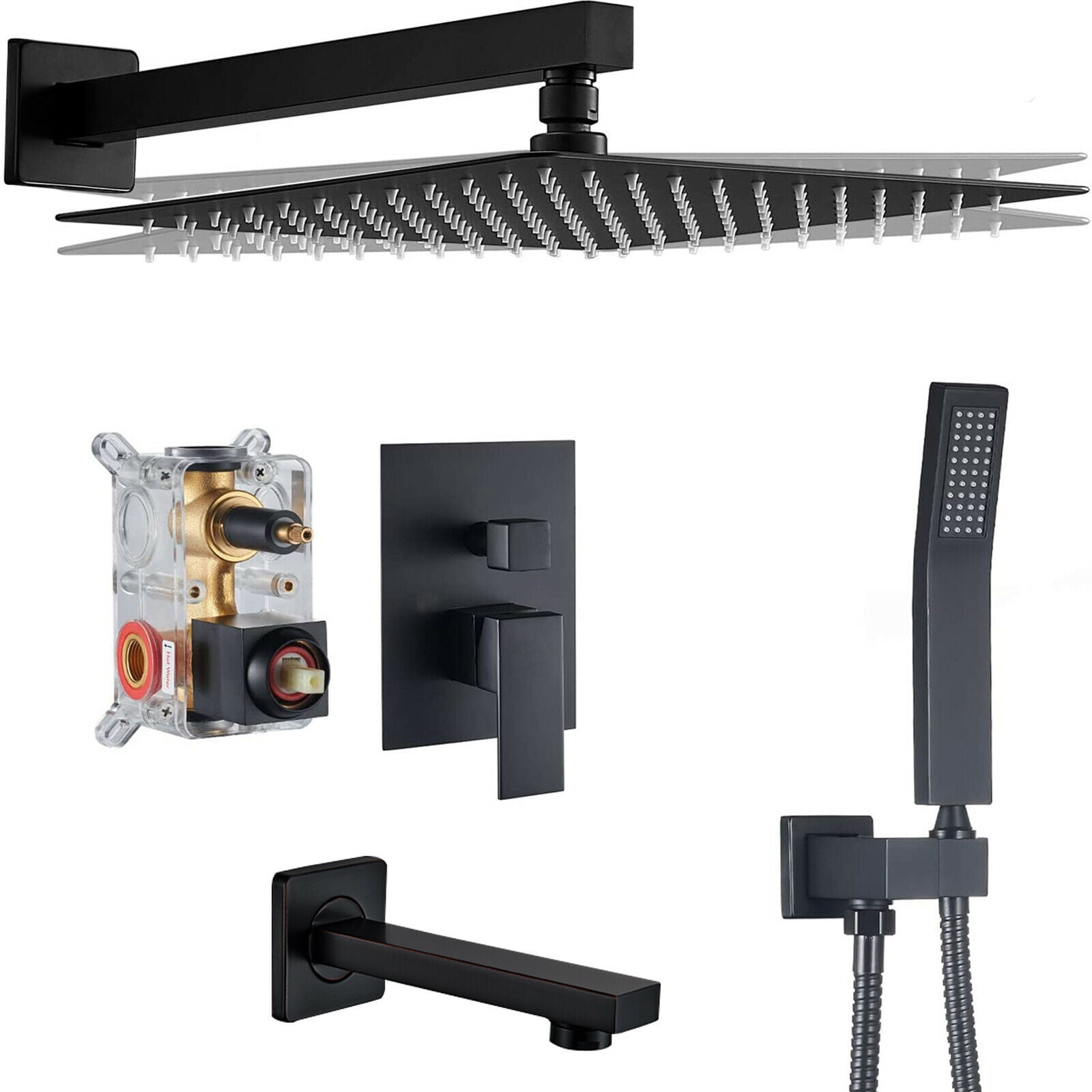Zovajonia Matte Black Shower System 12 Inches Shower Faucet Set, Rain Shower Head with Handheld Spray Bathroom Wall Mount Shower Fixtures with Tub Spout