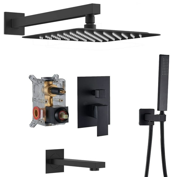 Zovajonia Matte Black Shower System 12 Inches Shower Faucet Set, Rain Shower Head with Handheld Spray Bathroom Wall Mount Shower Fixtures with Tub Spout