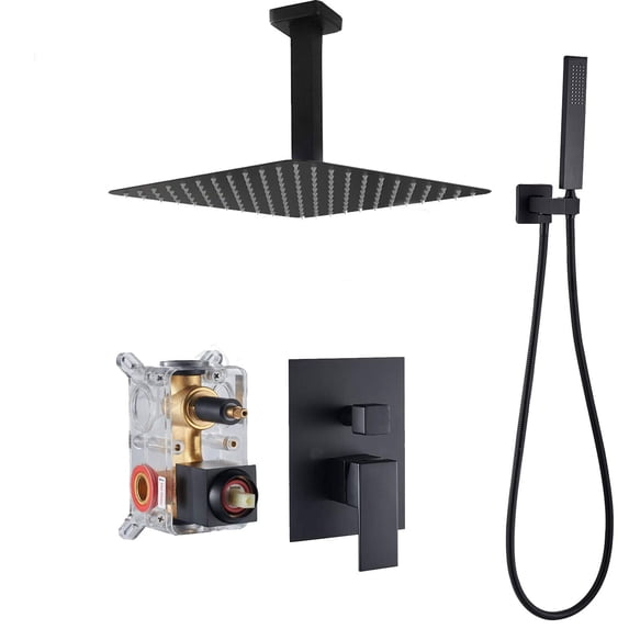Zovajonia Matte Black Shower System 12 Inches Shower Faucet Set, Rain Shower Head with Handheld Spray Bathroom Ceiling Mount Shower Fixtures
