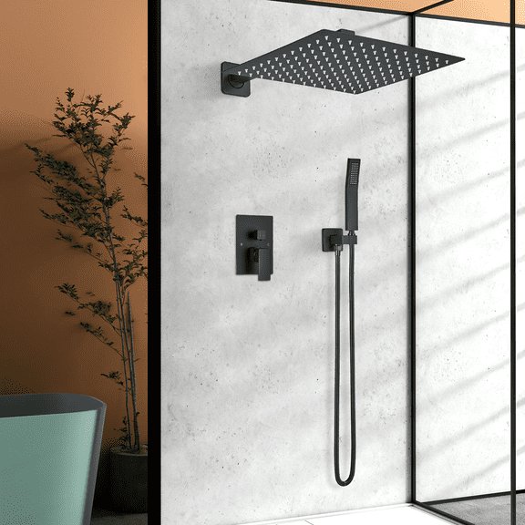 Zovajonia Matte Black Shower System 16 Inches Shower Faucet Set, Rain Shower Head with Handheld Spray Bathroom Wall Mount Shower Fixtures