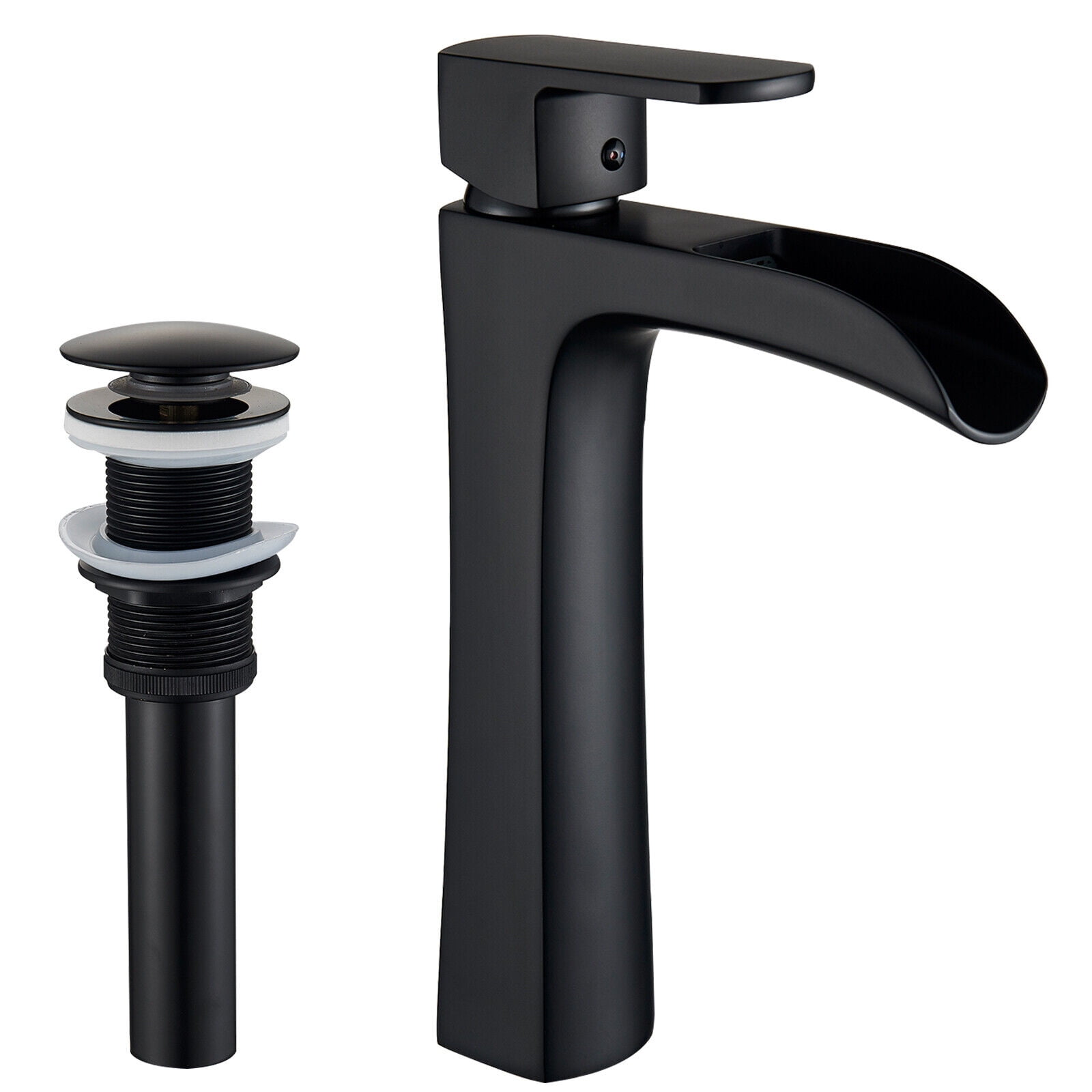 Modern Waterfall Bathroom Sink Faucet - Single Handle, Matte Black, Brass Construction, 1 Hole Deck Mount