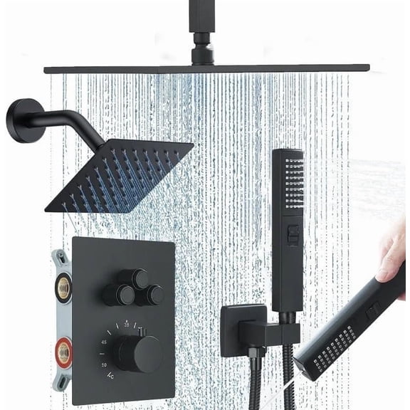 Zovajonia Matte Black Thermostatic Shower System, 12 Inch Shower Head with 6 Inch Wall Mount Shower Head with 2 in 1 Handheld,Push Button Diverter
