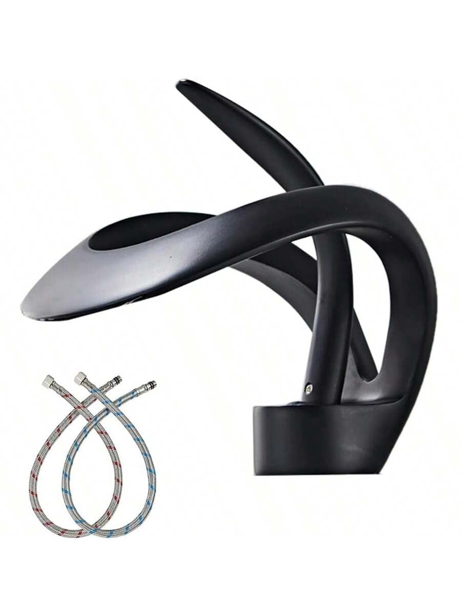 Zovajonia Matte Black Waterfall Bathroom Sink Faucet Round Single Handle One Hole Vanity Basin Single Deck Mount Creative Hollowed Body Design