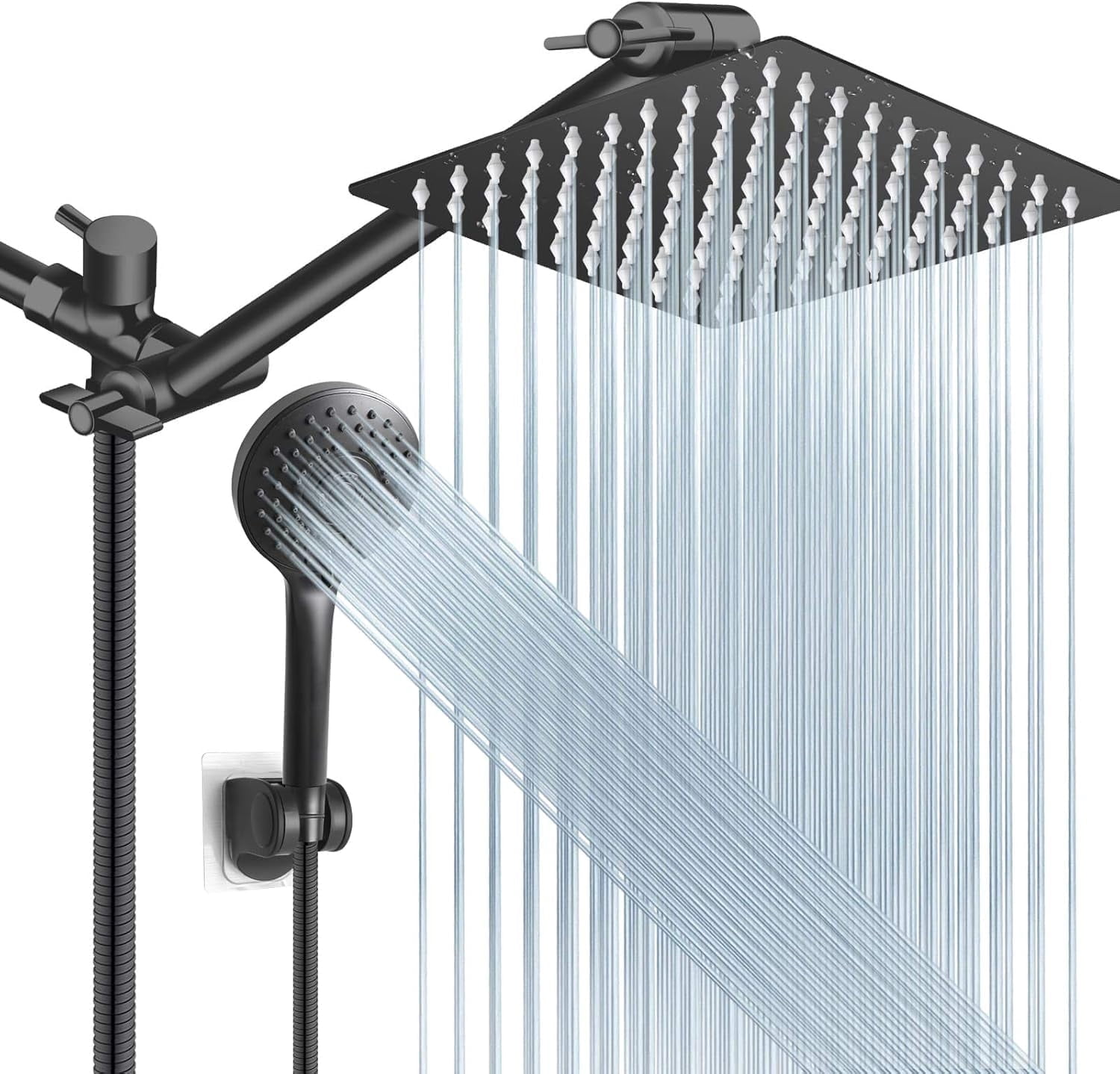 Zovajonia Matte black Shower Faucet Set, Includes 1pc 8-inch high-pressure rain showerhead and 1pc 9-inch extension arm showerhead with hose/bracket