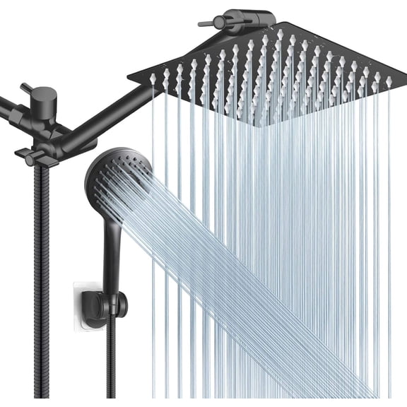 Zovajonia Matte black Shower Faucet Set, Includes 1pc 8-inch high-pressure rain showerhead and 1pc 9-inch extension arm showerhead with hose/bracket