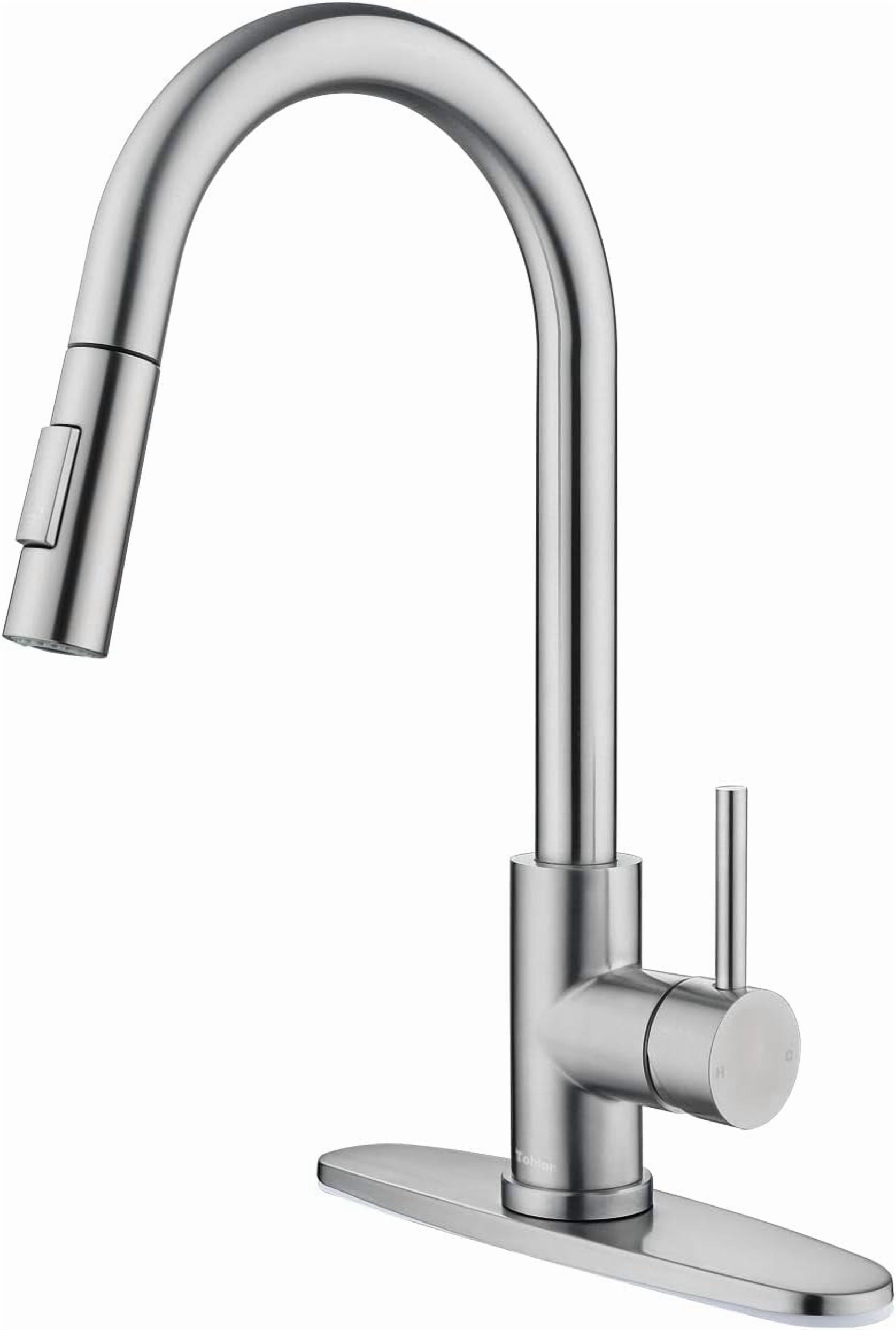 Zovajonia Modern Brushed Nickel Stainless Steel Kitchen Sink Faucets with Pull Down Sprayer, Single Handle，high arc，with 10 inch Deck Plate，1 or 3 Hole