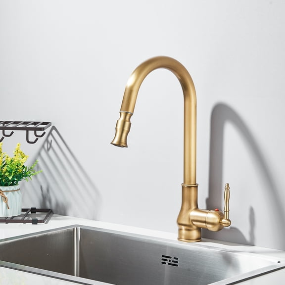 Zovajonia Pull Out Kitchen Faucet, Brass Single Hole Hot/Cold Mixer with Pull Down Sprayer, Antique Brass