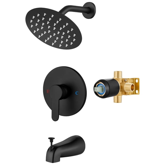 Zovajonia Shower Faucet Set with Tub Spout, 8-Inch Round Rainfall Shower Head, Trim Kit, Solid Brass Rough-In Valve, Matte Black