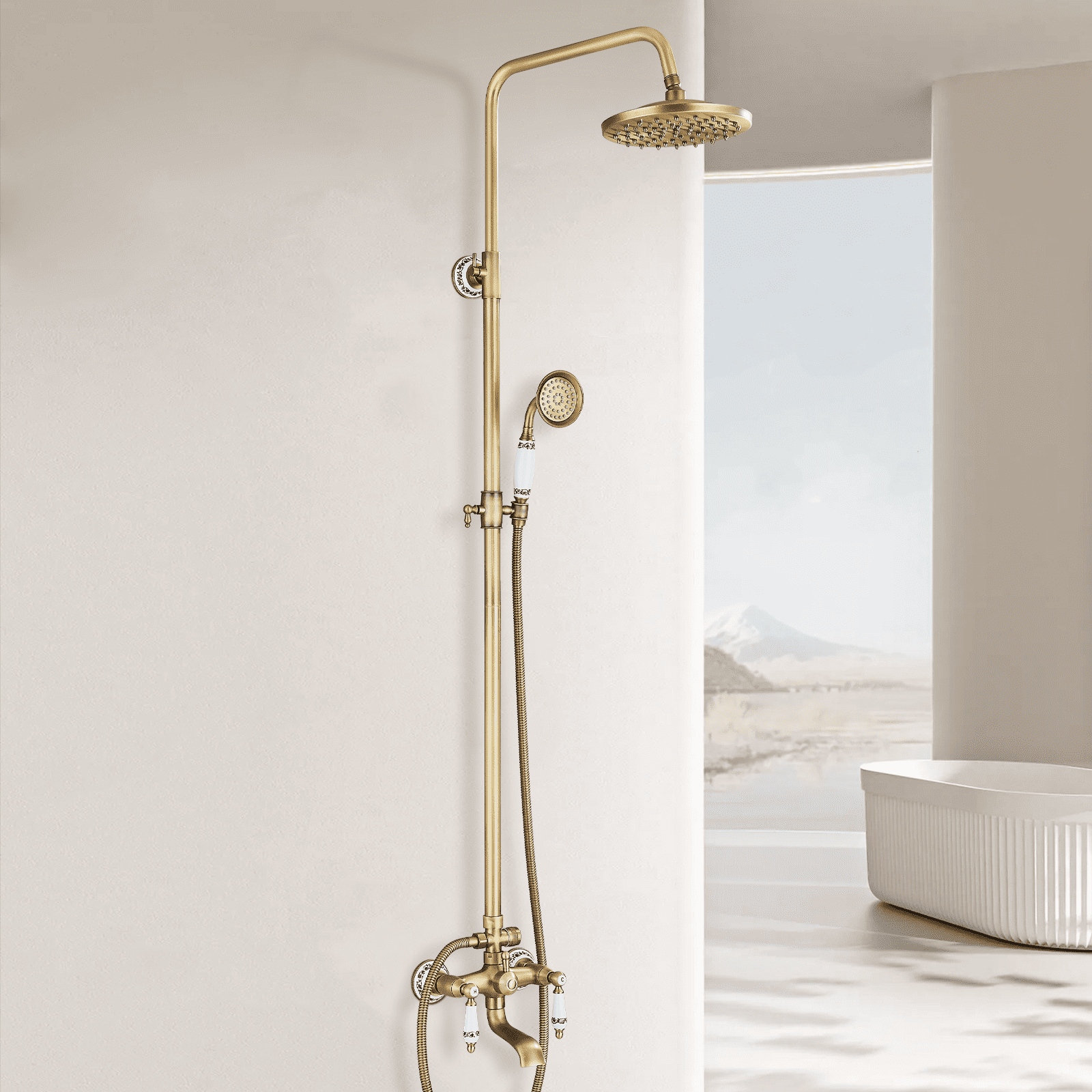 Zovajonia Shower Fixture Antique Brass 8"Rainfall Shower Faucet System Set Mixer Fixture Exposed Tap