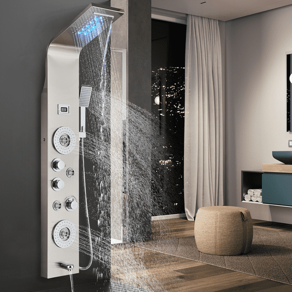Zovajonia Shower Panel Tower System , Stainless Steel Shower Tower with Multi-Functions, Waterfall Showerhead, Massage Shower Jets, Rain Shower System Brushed Nickel