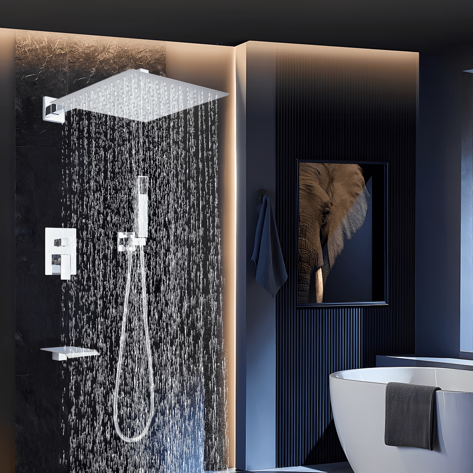 Zovajonia Shower System 12 Inches Shower Faucet Set, Rain Shower Head with Handheld Spray Bathroom Wall Mount Shower Fixtures with Tub Spout Polished Chrome