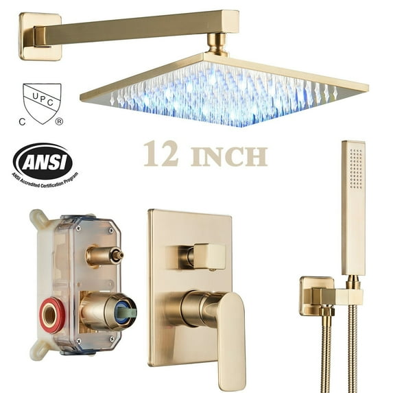 Zovajonia Shower System 12 Inches Shower Faucet Set, LED Rain Shower Head with Handheld Spray Bathroom Wall Mount Shower Fixtures Brushed Gold
