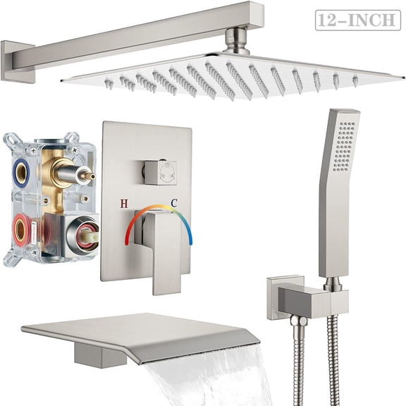 Zovajonia Shower System 12 Inches Shower Faucet Set, Rain Shower Head with Handheld Spray Bathroom Wall Mount Shower Fixtures with Tub Spout Brushed Nickel
