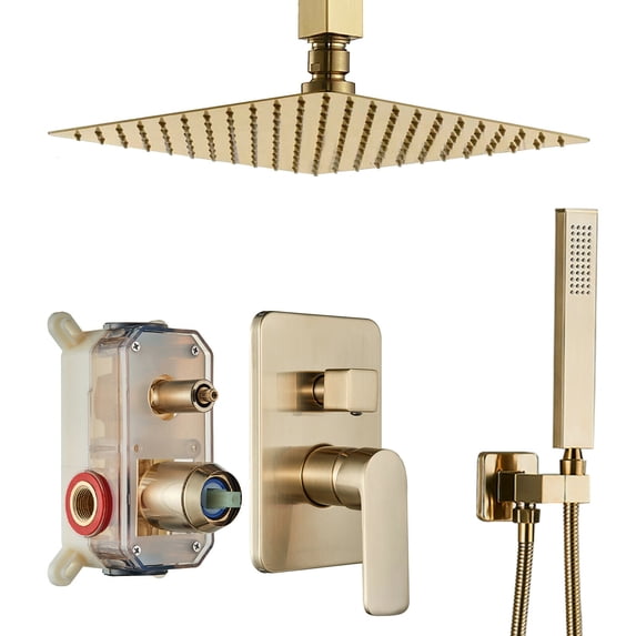 Zovajonia Shower System 12 Inches Shower Faucet Set, Rain Shower Head with Handheld Spray Bathroom Ceiling Mount Shower Fixtures Brushed Gold