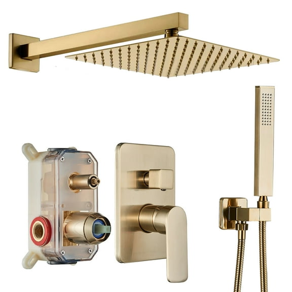 Zovajonia Shower System 12 Inches Shower Faucet Set, Rain Shower Head with Handheld Spray Bathroom Wall Mount Shower Fixtures Brushed Gold