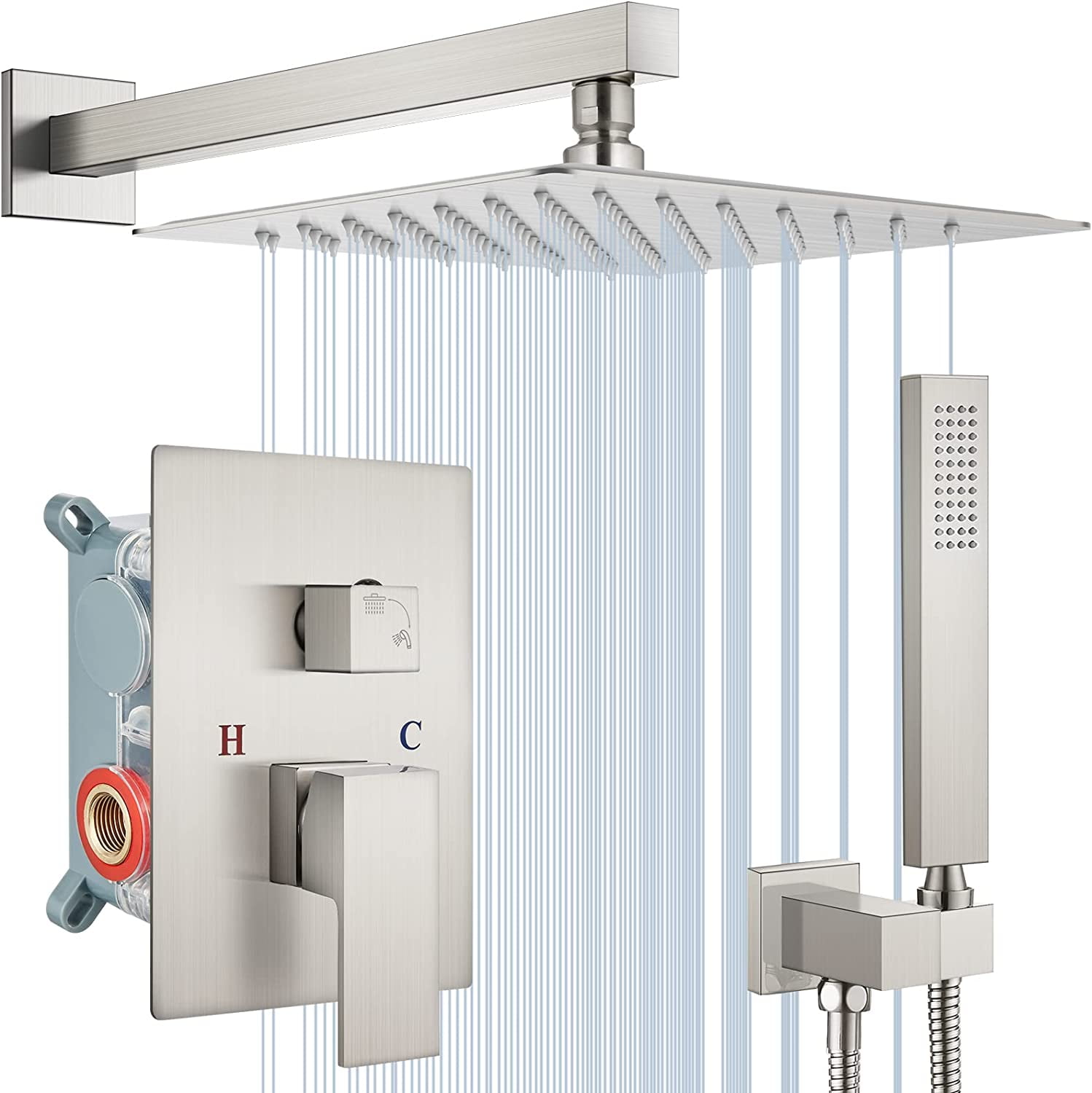 Brushed Nickel Square Rain Shower System with Handheld