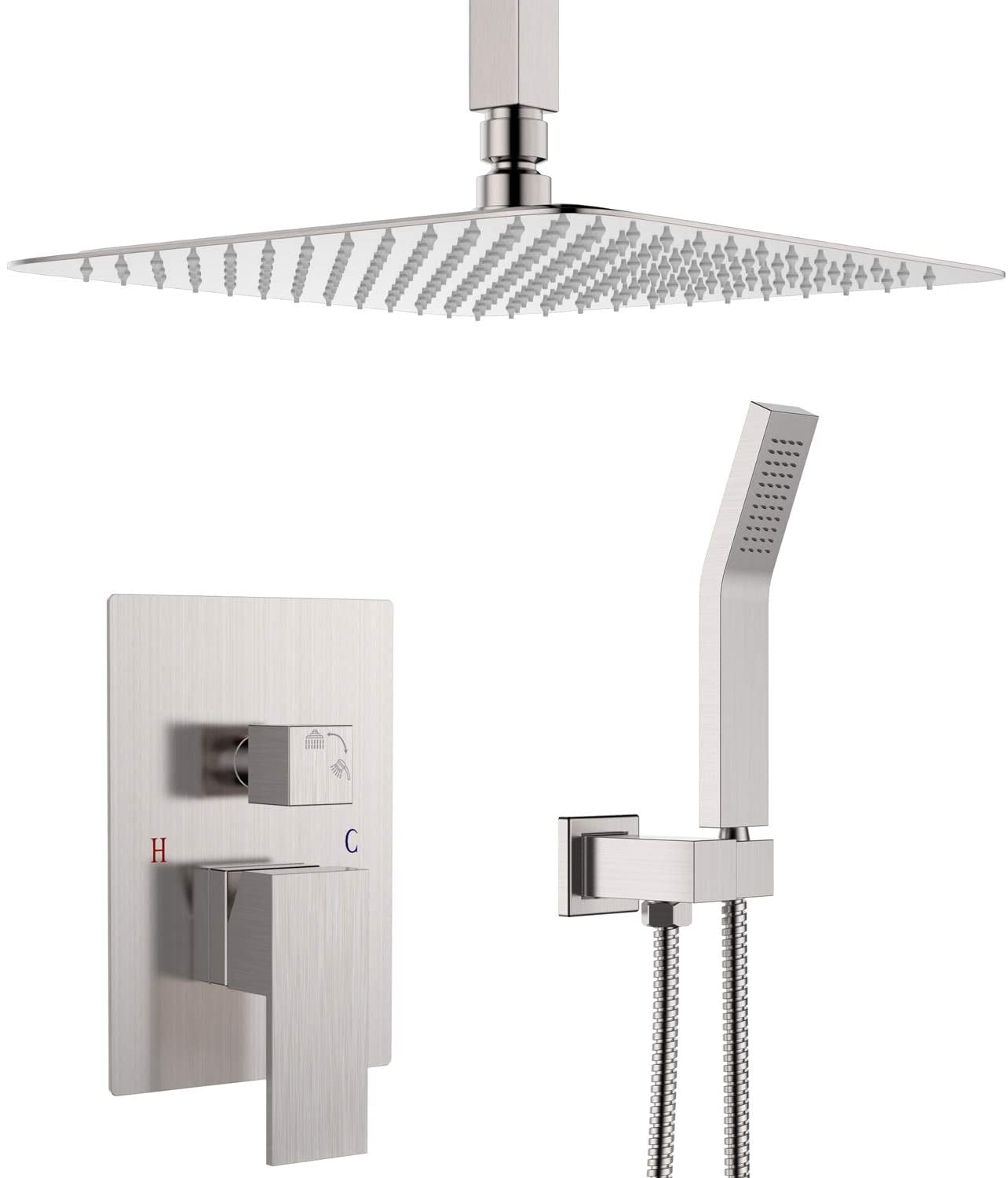 Zovajonia Shower System 16 Inches Shower Faucet Set, Rain Shower Head with Handheld Spray Bathroom Ceiling Mount Shower Fixtures Brushed Nickel