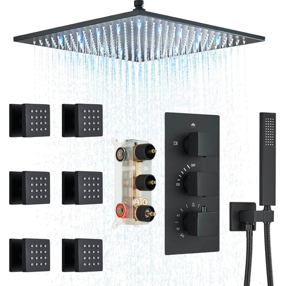 Zovajonia Thermostatic Matte Black Brass 12 Inch LED Ceiling Mount Rainfall Shower Head System with 6 Body Sprays and Handheld Shower Combo Set