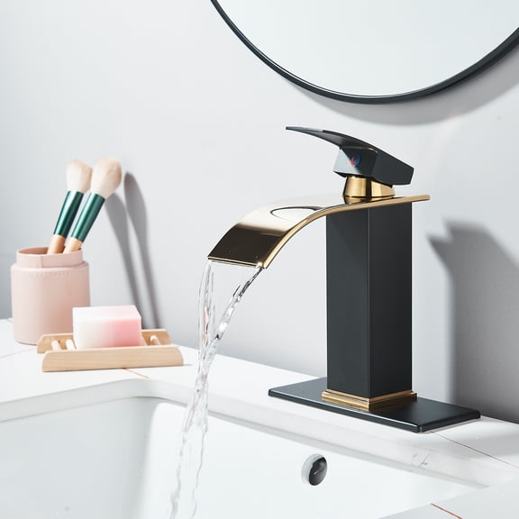 Zovajonia Waterfall Bathroom Faucet, Single Handle 1-Hole, Short Body, with Hose, Brushed Gold & Matte Black, for RV/Vanity