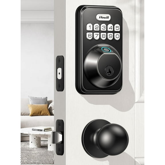 Zowill Fingerprint Door Lock Set, Keypad Door Lock with 2 Knobs, Door Knob with Keypad Deadbolt, Auto Lock, Anti-Peeping Password, Front Door Handle Sets for Homes, Easy to Install - Matte Black