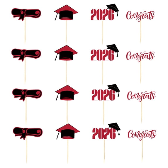Zoxiy Class of 2026 Graduation Cupcake Toppers,2026 Graduation Cake Topper,Graduation Theme Party Cake Decorations Supplies,Graduation Decorations for 2026,Graduation Cap Cake Topper,Red(16PCS)