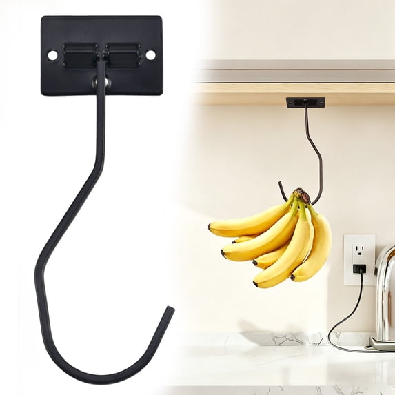 Zoxiy Self Adhesive Banana Hook Under Cabinet,Foldable Banana Hanger,Heavy Duty Metal Banana Holder Stand,Black Metal Under Counter Banana Hook Holder for RV Kitchen Organization,Save Space