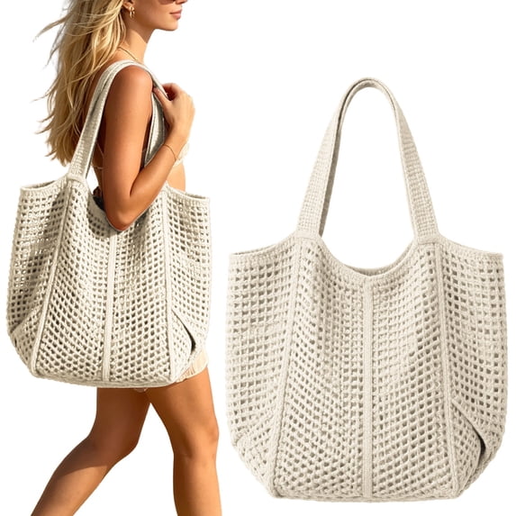 Zoxiy Summer Crochet Bag For Women,Beach Handmade Tote Bag,Large Capacity Mesh Handbag,Soft Foldable Shoulder Bag For Traveling,Vacationing,Shopping And Outdoor Use,White
