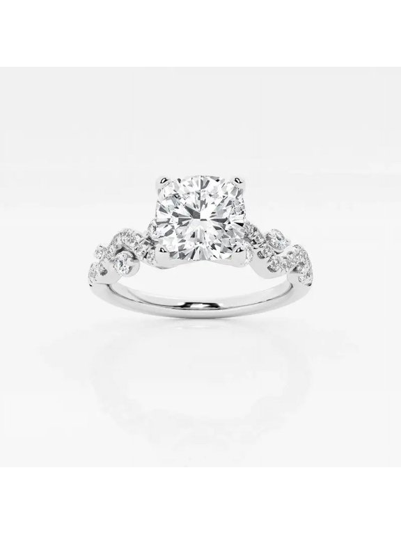 1.4 Ct Cushion Cut Lab Created Diamond Engagement Ring – Women’s Wave Shank Design – 14K White Gold Plated – Bridal or Wedding Gift Jewelry
