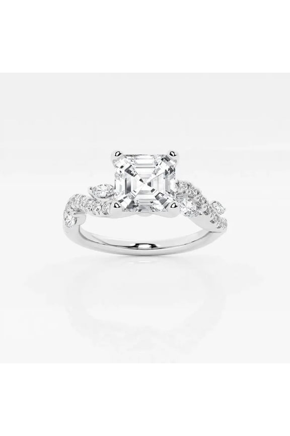 1.7 Ct Asscher Cut Lab-Created Simulated Diamond Engagement Ring – Graceful Leafy Wave Shank Design – 14K White Gold Plated – Ideal Gift Ring for Special Occasions