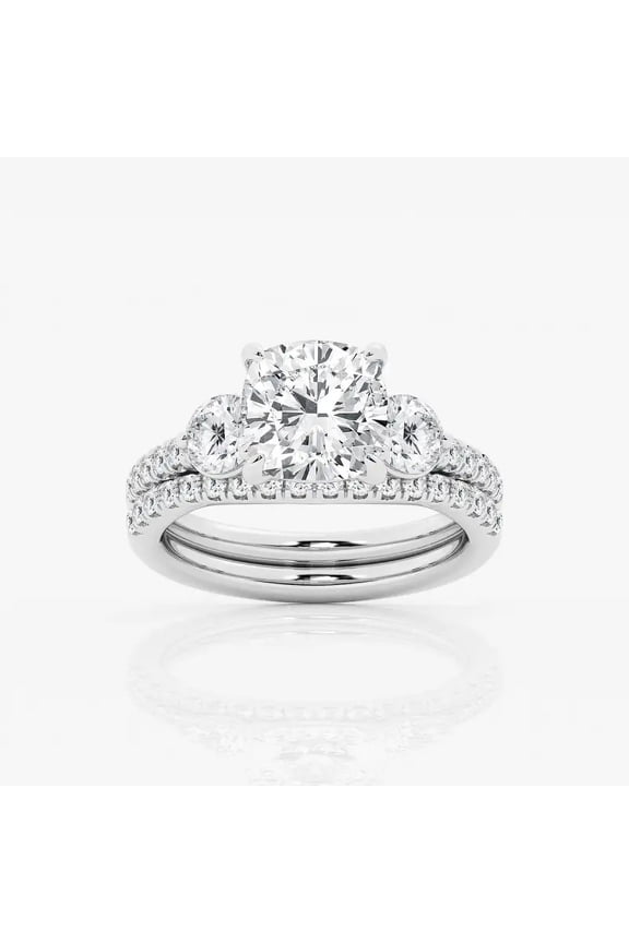 14K White Gold Plated Rings - 2 Ct Cushion Cut Moissanite Rings - Personalized 3 Stone Bridal Set Jewelry - Anniversary Gift