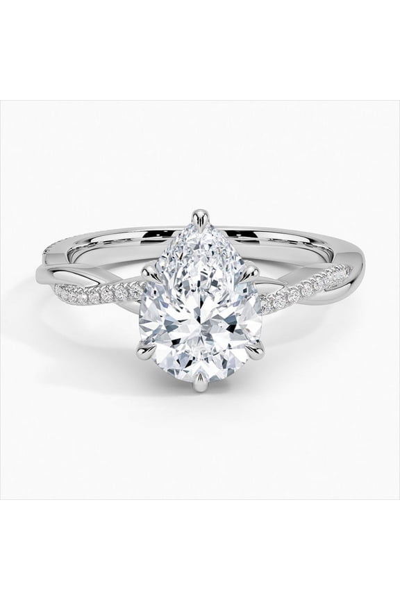 Pear Cut 2.50 Ct VVS1/D Lab Created Diamond Ring - 14K White Gold Plated Engagement Ring - Twisted Solitaire with Accents - Anniversary Gift Jewelry for Women