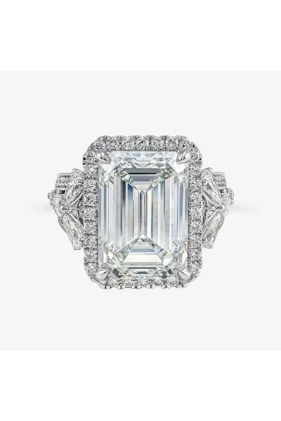 2.1 Ct Emerald Cut Moissanite Engagement Wedding Ring – Women’s Halo Style – 14K White Gold Plated – Leaf Motif Anniversary Ring – Ideal for Proposals and Special Gifting