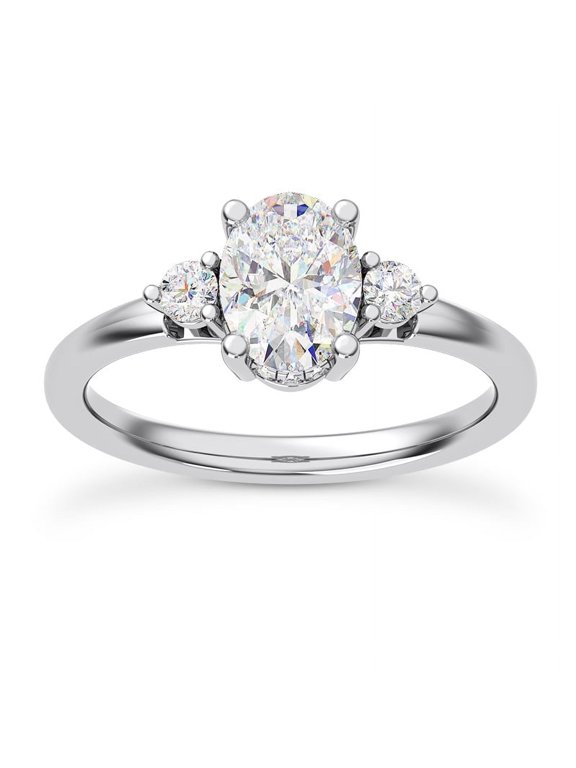 2.1 Ct Oval Cut 3 Stone Hidden Halo Cathedral Shank Lab-Created Simulated Diamond Trilogy Engagement Wedding Ring 14K White Gold Plated Prong Setting