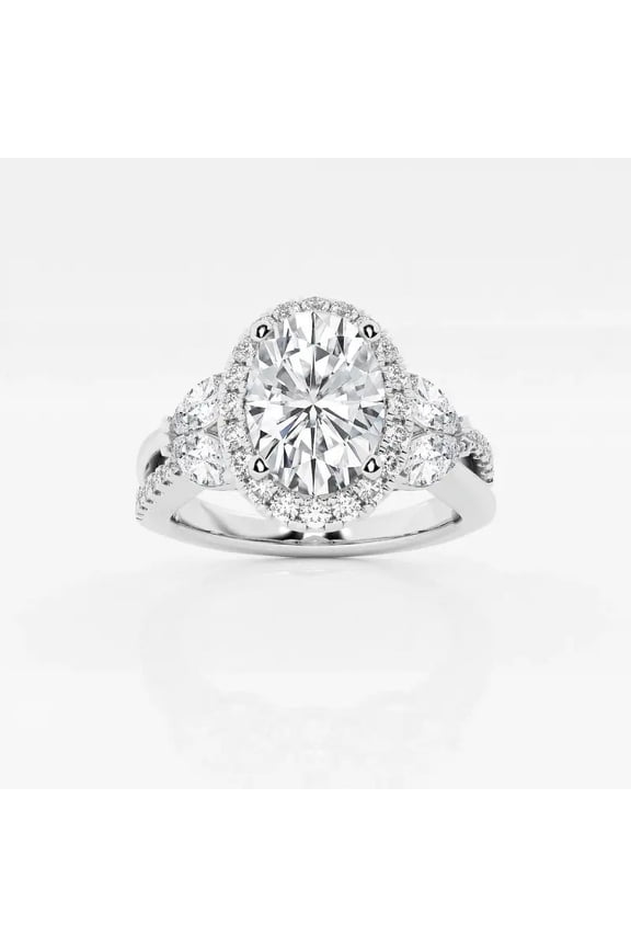 2.5 Ct Oval Cut Moissanite Rings - 14K White Gold Plated Halo Jewelry - Elegant Wedding Engagement Band for Her - Designer Ready Gift Ring