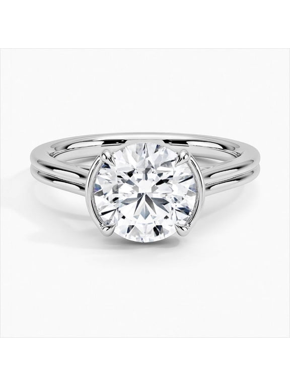 Round Cut Brilliant 2 Ct Diamond Ring – 14K White Gold Plated Band – Solitaire Engagement Jewelry – Half Bezel Diamond Setting – Solo Stone Ring for Her