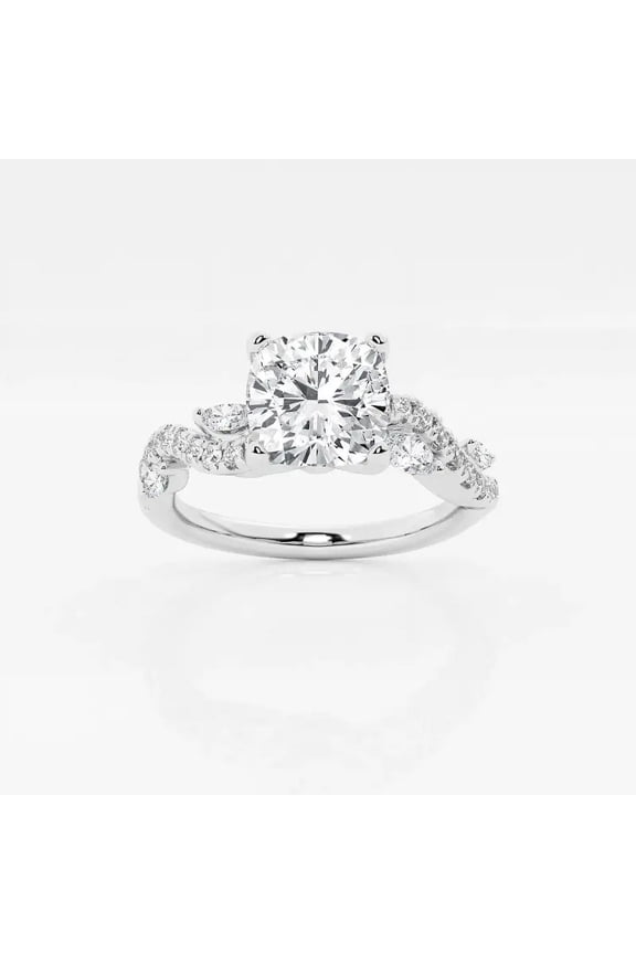 Cushion Cut 1.5 Ct Simulated Diamond Ring – Leafy Wave Shank Style Engagement – 14K White Gold Plated – Elegant Gift Jewelry