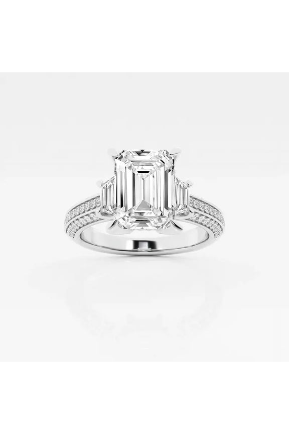 Emerald Cut 2.9 Ct Simulated Diamond Ring – Three Stone Pave Engagement Design – 14K White Gold Plated – Handmade Jewelry