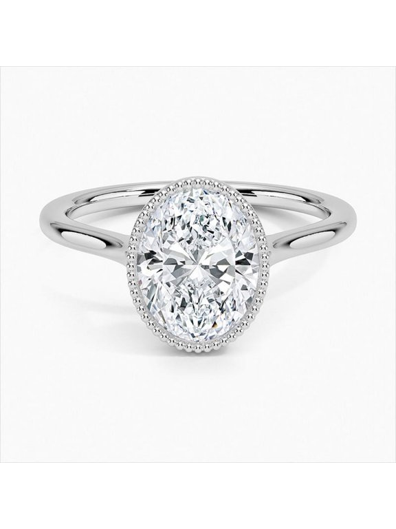 Excellent 2 Ct Oval Cut Diamond Ring – 14K White Gold Plated Diamond Band – Bead Ball Detail – Solitaire Engagement Ring – Elegant Solo Stone Jewelry for Women