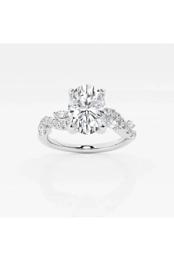 Oval Cut 1.8 Ct Simulated Diamond Engagement Ring – Leafy Wave Shank Design – 14K White Gold Plated – Romantic Ring for Her