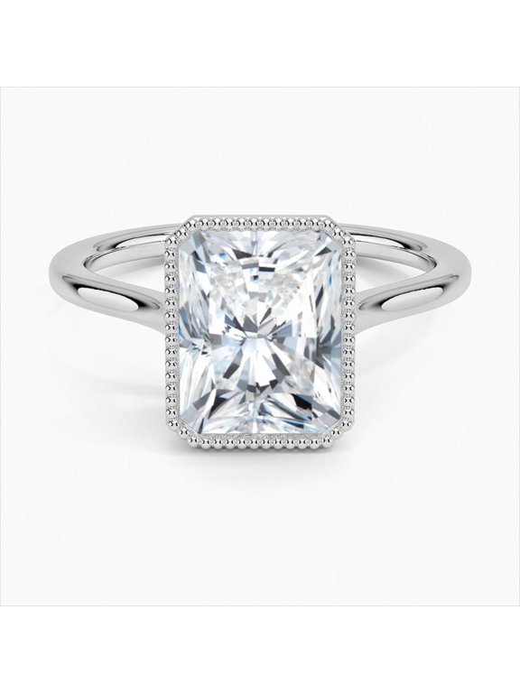 14K White Gold Plated Ring – 2 Ct Radiant Cut Excellent Diamond Ring for Women – Solo Stone Bead Ball Diamond Rings – Classic Birthday Gift for Her