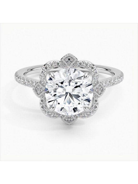 Silver 14K White Gold Over Ring - 2.1 Ct Round Brilliant Cut Diamond Ring - Floral Diamond Rings for Women's - Eternity Band Diamond Rings for Women's - Milgrain Diamond Rings for Her