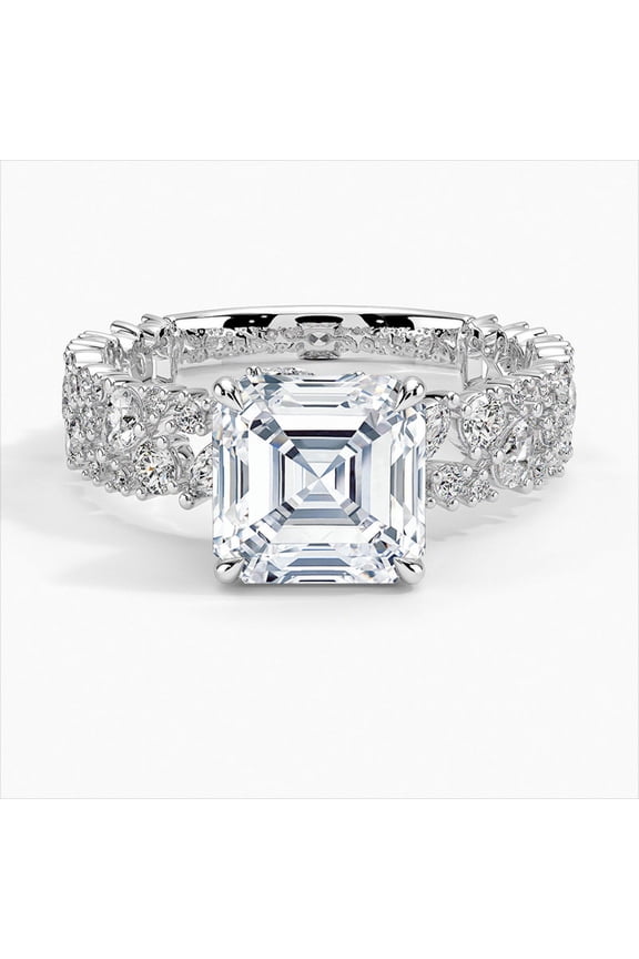 Silver 14K White Gold Over Ring - Cluster Diamond Rings - 1.9 Ct VVS1/D Asscher Cut Lab Created Simulated Diamond Ring - Multi Diamond Rings for Her - Floral Diamond Rings for Her