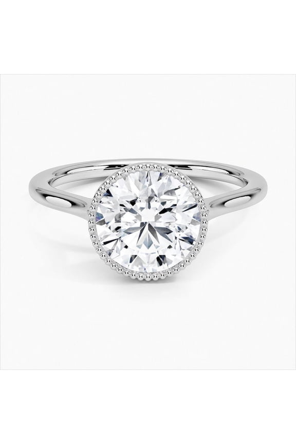 14K White Gold Plated Diamond Ring – 2.1 Ct Brilliant Round Cut Diamond Ring – Bead Ball Accent Ring – Women’s Solitaire Style – Sleek Solo Stone Engagement Jewelry