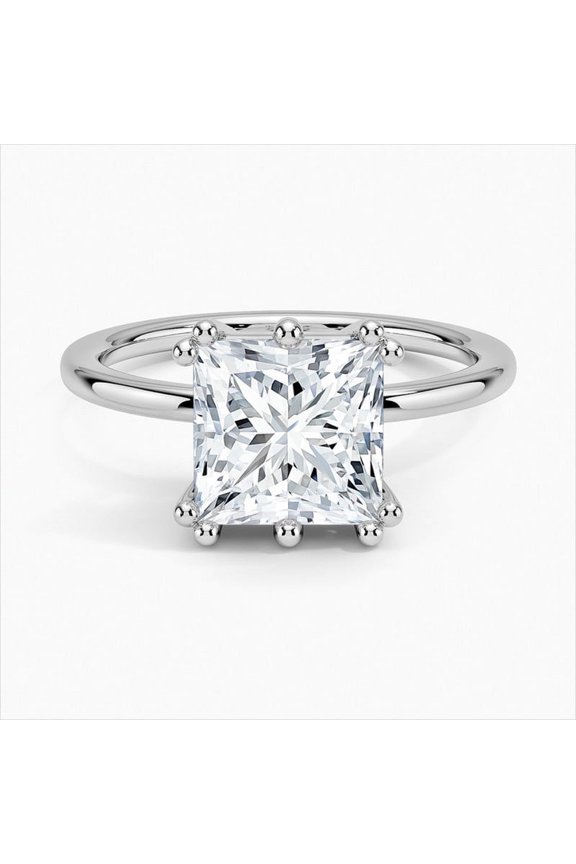 2.1 Ct Princess Cut Excellent Diamond Ring - 14K White Gold Plated Solitaire Ring - Under Halo Hidden Accent Band - Wedding Diamond Jewelry Gift