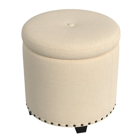 Zoya Storage Ottoman, 19 Inch Round Lift Top, Beige Woven Fabric