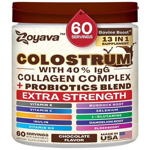 Zoyava Colostrum Powder with 40% IgG, Chocolate Flavor, Extra Strength 13-in-1 Supplement, Collagen Complex, Probiotics, Elderberry, L-Glutamine, Zinc, Vitamin C, Vitamin D3
